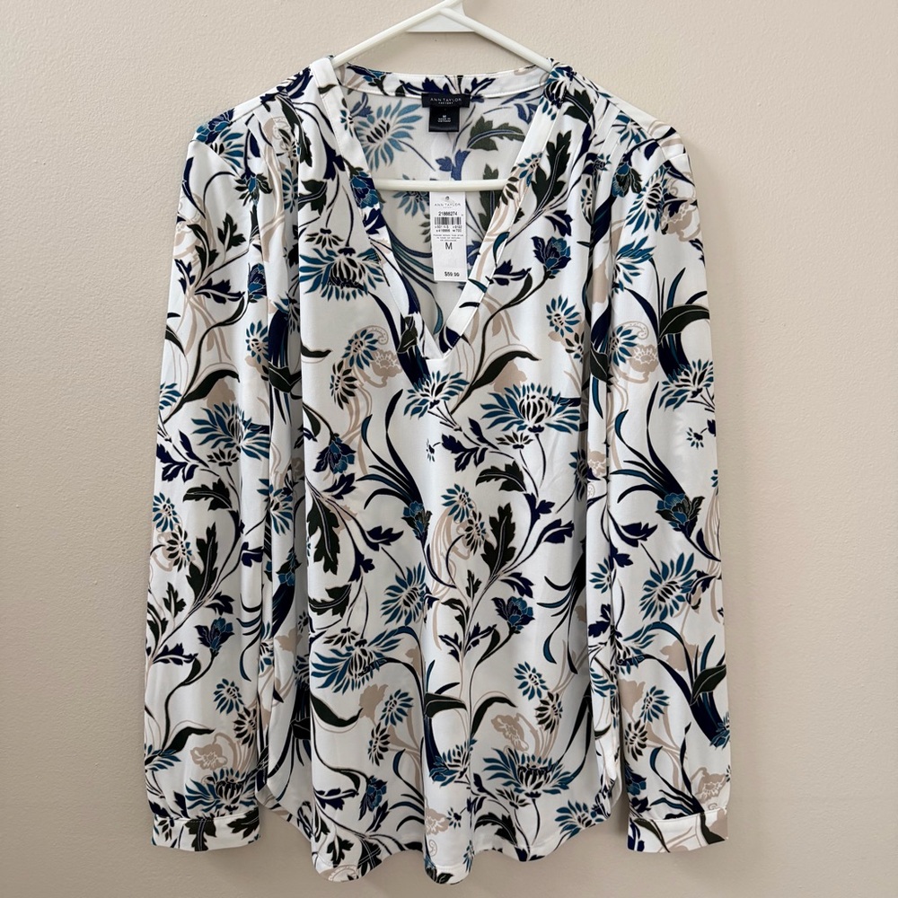 Ann Taylor Blue and White Floral Long Sleeve Blouse, Sz M